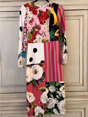 knee length dresses for ladies Dolce & Gabbana Girls Long Sleeve Rose Dress in Multicolour main image 0